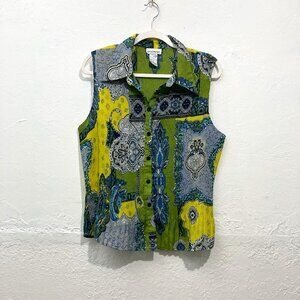 Rene Margo Sleeveless Top Pleated Accordion Green Button up shirt Paisley XL